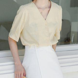 Short-sleeve Buttoned V-neck Blouse