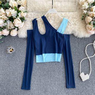 Mock Two-piece Long-sleeve Irregular Cold Shoulder Crop Top