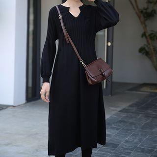 Split-neck Long-sleeve Midi Knit Dress