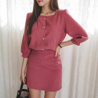 Set: Square-neck 3/4-sleeve Blouse + Mini Skirt