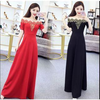 Lace Trim Off Shoulder Short Sleeve Maxi Dress