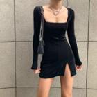 Long-sleeve Square-neck Slit Mini Bodycon Dress
