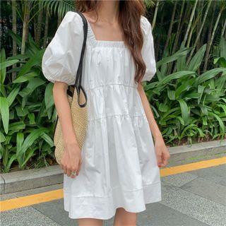 Puff-sleeve Square-neck Shift Dress