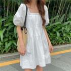 Puff-sleeve Square-neck Shift Dress