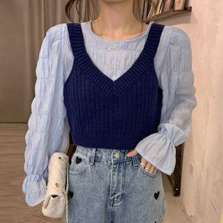 Long-sleeve Plain Blouse / Knit Cropped Camisole Top