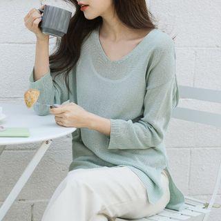 Colored Dip-back Sheer Knit Top