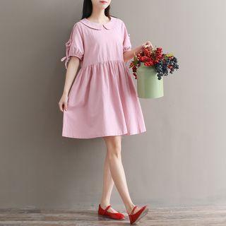 Elbow-sleeve Bow-accent Mini A-line Dress