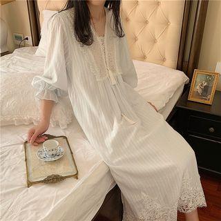 Long-sleeve Crochet Lace Hem Night Gown