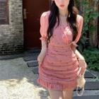 Puff-sleeve Dotted Shirred A-line Dress