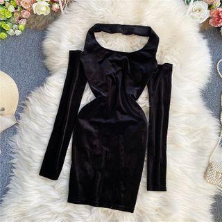 Halter Long-sleeve Slim-fit Velvet Dress