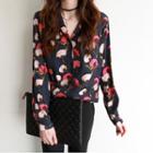 Notched-collar Flower Pattern Blouse