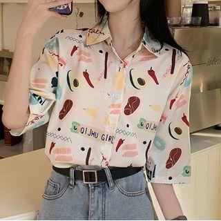 Print Elbow Sleeve Shirt As Shown In Figure - One Size