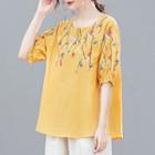 Elbow-sleeve Leaf Embroidered Blouse