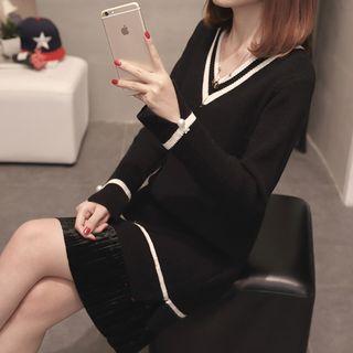 Mock Two-piece V-neck Long-sleeve Knit Dress