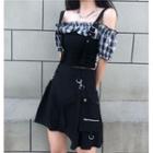 Short-sleeve Paneled Blouse / Buckled Mini A-line Skirt