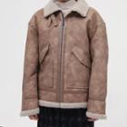 Long-sleeve Faux Leather Furry Trim Jacket
