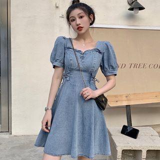 Sweetheart Neckline Puff-sleeve Lace Up Denim Mini A-line Dress