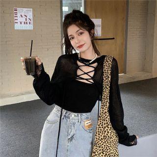 Long-sleeve Cutout Knit Crop Top Black - One Size