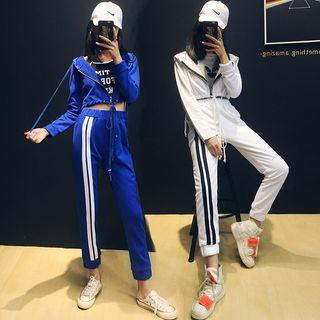 Set: Drawstring-hem Crop Hoodie + Striped Jogger Pants