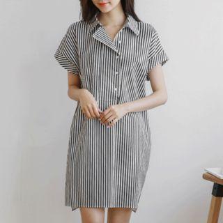 Button-side Striped Shirtdress