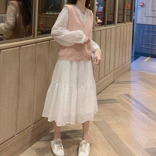 Set: Long Sleeve V-neck A-line Dress / Buttoned V-neck Furry Vest