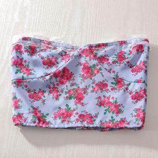 Strapless Floral Cropped Top Red Flowers - White - One Size
