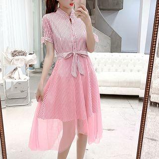 Striped Short-sleeve Mesh Midi Dress
