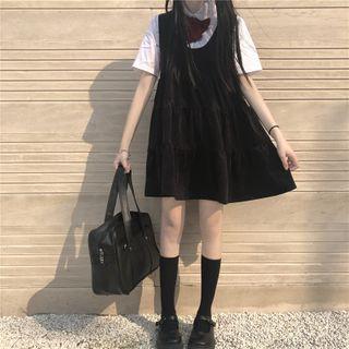 Short-sleeve Shirt With Tie / Plain Pinafore Dress