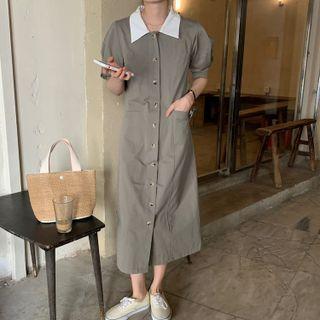Puff-sleeve Contrast Collar Midi Shift Dress