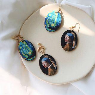 Painting Print Oval Wooden Disc Dangle Earring