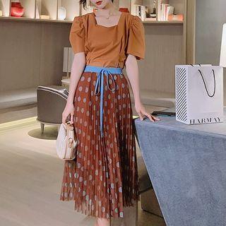 Dotted Accordion Pleated Midi A-line Skirt Dark Khaki - One Size