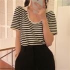 Short-sleeve Striped Polo Knit Top Stripes - Black & White - One Size