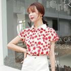 Contrast Collar Printed Short-sleeve Blouse
