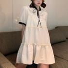 Short-sleeve Tie-front Frill Trim Mini Shift Dress