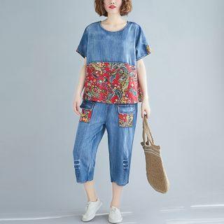 Set: Paisley Print Short-sleeve Denim Top + Cropped Harem Jeans
