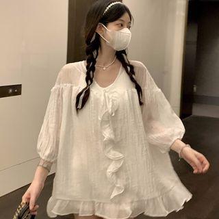 V-neck Ruffled Lace-up Shirt White - One Size