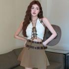 Halter-neck Lace-up Top / Pleated A-line Skirt / Belt / Set