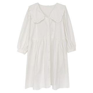 Ruffle Trim Collar Midi A-line Shirt Dress White - One Size