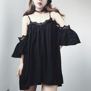 Cutout Shoulder 3/4 Sleeve Ruffled Dress