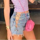 Cut-out Drawstring Denim Shorts