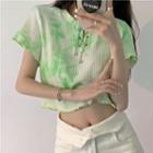 Short-sleeve Lettuce Edge Lace-up Tie Dye Cropped T-shirt