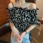 Floral Print Off-shoulder Short-sleeve Cropped Top As Shown In Figure - One Size