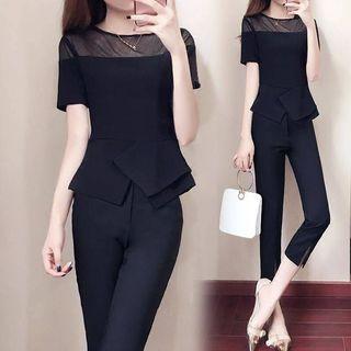 Set: Short-sleeve Panel Top + Cropped Dress Pants