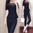 Set: Short-sleeve Panel Top + Cropped Dress Pants