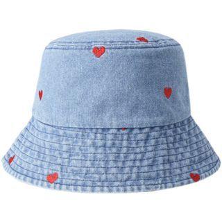 Heart Embroidered Denim Bucket Hat