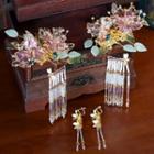 Set: Retro Wedding Faux Crystal Hair Comb + Dangle Earring Set Of 3 - Gold - One Size