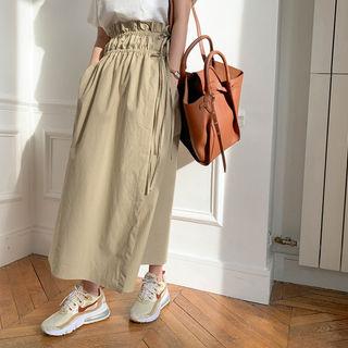Band-waist Maxi Surplice-wrap Skirt Beige - One Size