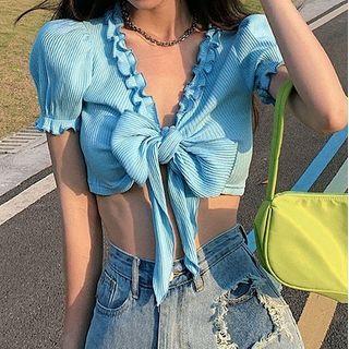 Short-sleeve Ruffled Tie-front Crop Top