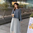 Cable-knit Crew-neck Sweater / Mesh Panel Midi Skirt