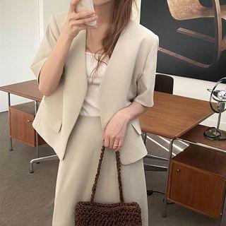 Set: Short-sleeve Plain Open Jacket + Midi Skirt Jacket & Skirt - Light Khaki - One Size